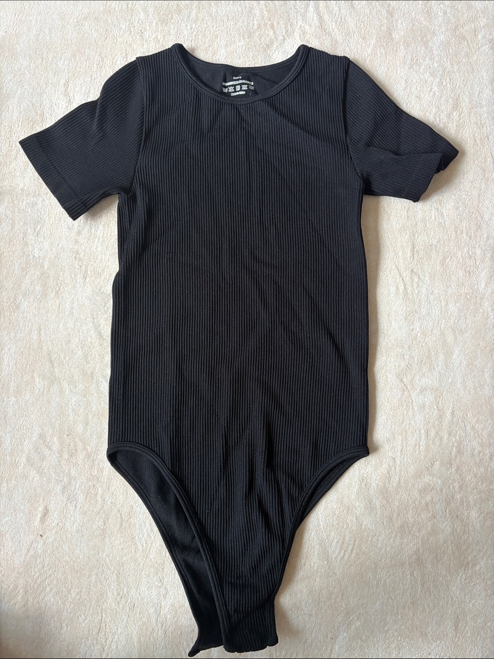 Black Ribbed Short-Sleeve Bodysuit - Unbranded